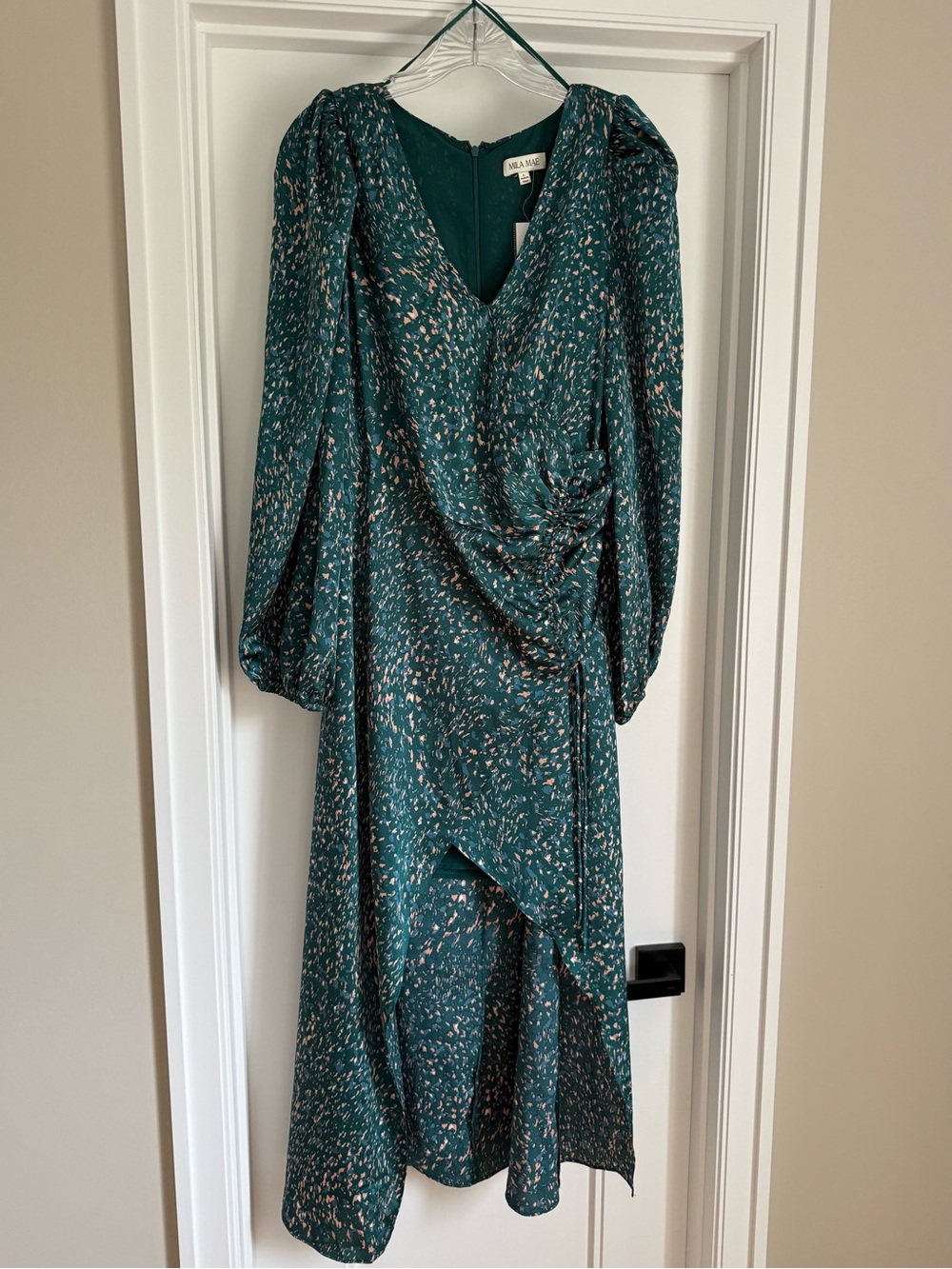 NWT Mila Mae Green Abstract Ruched Puff Sleeve Midi Dress L